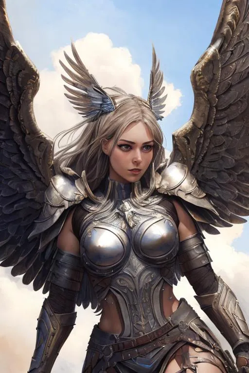 Prompt: upper body front view shot, portrait, cinematic shot,

beautiful Valkyrie, dominating, detailed face, detailed eyes, detailed nose, detailed mouth and lip, epic proportion, epic composition, detailed wings, detailed full body Valkyrie armor, detailed accessories,

ultra detailed sky background,

painting, pastel watercolor mix, Chiaroscuro, renaissance, detailed brush stroke, detailed pencil stroke, detailed stroke, traditional painting, traditional hand painting, digital hand painting, masterpiece, professional work, 