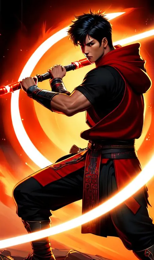 Prompt: UHD, digital art style, comic art style, zoomed out full body view, male sharp jawline, curled lips, fierce eyes, indonesian arnis jedi master, hoodie escrima dual-wielding lightsabers, by greg rutkowski and alphonse mucha, sharp focus, Photorealistic, sharp focus, highres, noir stylings