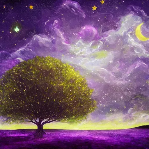 Prompt: beautiful landscape with a magically glowing purple blue tree in the middle and a flabbergasting starscene at night in a fantasy world painting