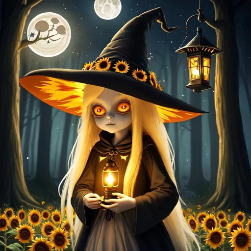 Prompt: witch with long blonde hair, with a lantern, wearing witch hat, cute, sunflower, aesthetic, fairycore, disney, pixar, moon, stars, white dog, witchcraft, in a starry dark sky, beautiful, walking in a forest, sweet, dreamy, rpg, sci-fi, award winning illustration, artstation, highres, tim burton style, large eyes, tarot card style