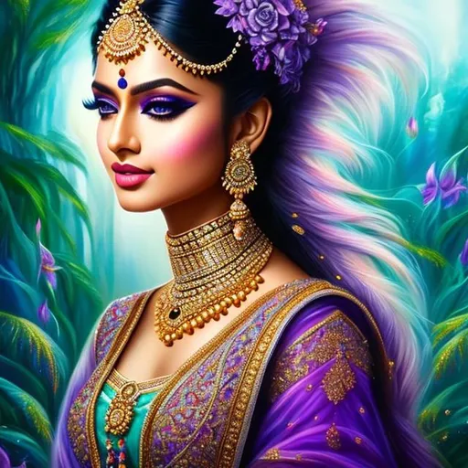 Prompt: (8k, 3D, UHD, highly detailed, hyper-detailed, masterpiece, detailed oil painting) 23 years old Indian girl, colors of aqua and purple, stylish makeup, soft light, with pointy ears, 