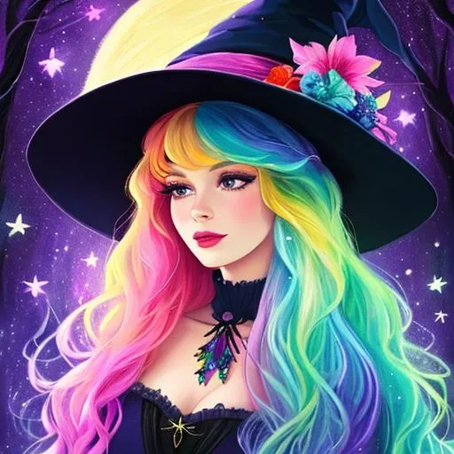 Prompt: a beautiful witch with flowing multicolored hair, Disney style, witch hat, moon, forest, flowers, nighttime, galaxy, soft light, art, painting, sweet, fireflies, pastel, vaporwave