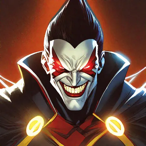 Prompt: Mister Sinister from the X-Men comics, grinning, glowing white eyes, pale white face, yellow background, warm spotlights, from different angles, studio lighting, action shot, 4k render, cover art. 