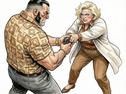 Prompt: @dj4EAW5lKyhUQcVDgWpZ is struggling with @ow9wWwpCrteybk2dUgAG  for control of a pistol.  Both @dj4EAW5lKyhUQcVDgWpZ  and @ow9wWwpCrteybk2dUgAG hands are on the pistol.  with Rita's on the barrel of the gun and Stan holding the stock of the gun. She has a very angry, anxious look on her face and is sweating. Rita is wearing casual clothes that would be worn in 1978 by a rich person including brown pants, a flowing white cardigan, and under the white cardigan is a brown blouse with large collar. She is wearing brown flats shoes. 
@ow9wWwpCrteybk2dUgAG is wearing a tan shirt as in @image_Ro0DoxRL_1768348113607_1024with grey pants.
 The camera is from eye level looking at @dj4EAW5lKyhUQcVDgWpZ and behind @ow9wWwpCrteybk2dUgAG 's back. White background.