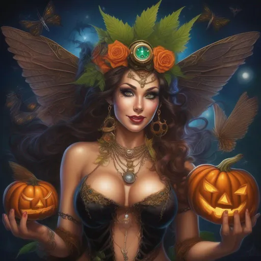 Prompt:  ((Wide angle)). ((Hyper real painting)). Halloween night.  Shes a ((colorful)), steam punk, belly dancer, Witch. A ((spectacular)), winged, Cannabis fairy. ((An extremely beautiful)), buxom,  shapely woman with, ((Anatomically real hands)), and ((vivid)), ((colorful)), ((extremely, bright eyes)),  wearing a skimpy, ((colorful)), ((gossamer)), ((flowing outfit)).  ((high res detailed illustration)). ((Sony a7 IV)). ((Cinematic)). ((Epic)). ((Concept art)). ((Corona render)). ((Full body in Shot)).