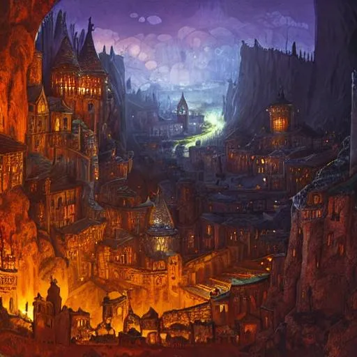 Prompt: Fantasy illustration long shot scenic professional art of a massive medieval city inside a dark cave, orange lights, perfect viewpoint, highly detailed, wide-angle lens.