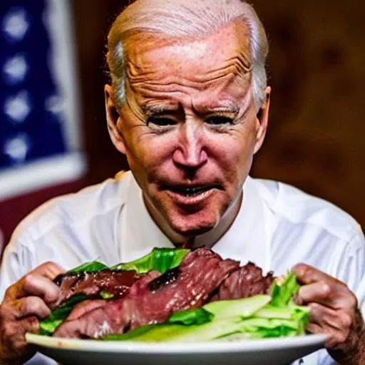 Prompt: Biden drools while eating Korean BBQ