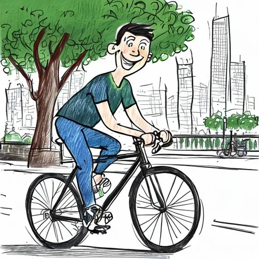 Prompt: happy smiling sportive man riding a bike in the city while observing a tree, a drawing





