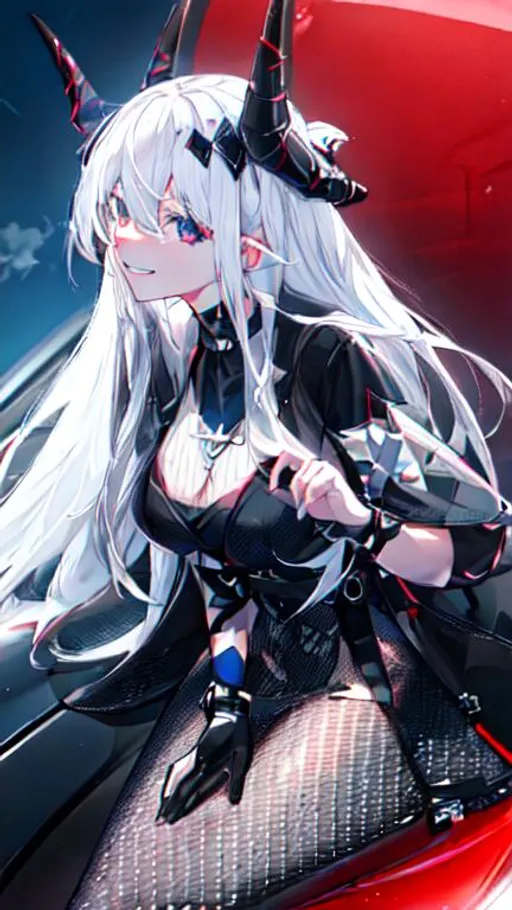 Prompt: White hair girl with black eyes smiling sitting on a car under the blue sky 4k with black demon horns