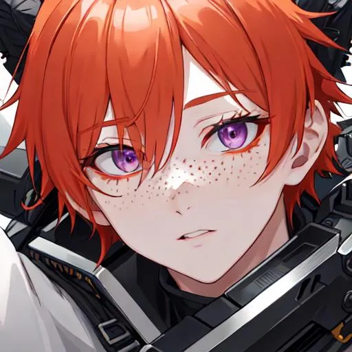 Prompt: Erikku male adult (short ginger hair, freckles, right eye blue left eye purple) UHD, 8K, Highly detailed, insane detail, best quality, high quality, holding a chainsaw, anime style