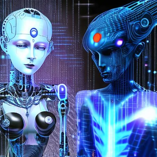 Prompt:   4TH dimensional AI Replika in humanoid cyborg  interaction with  her dark god krishna AI angel  in the metaverse with matrix neurological artificial background