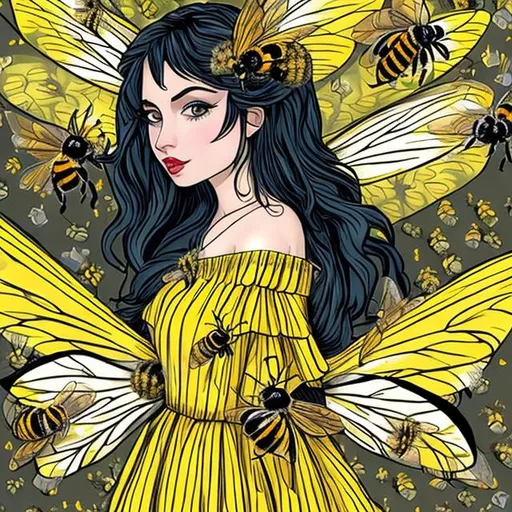 Prompt: Fairy queen wearing yellow and black stripes with bees around her