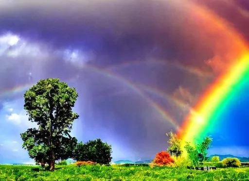 Prompt: Rainbows from heaven reaching the earth


