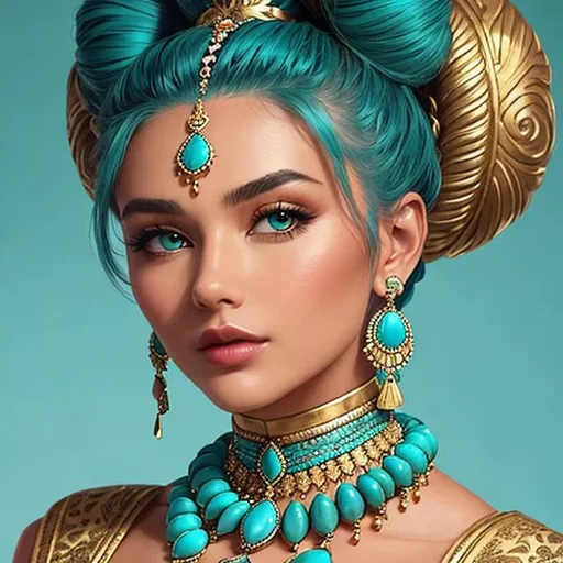 Prompt: An extremely gorgeous woman,  with top knots full of turquoise jewels, in color scheme of turquoise and gold