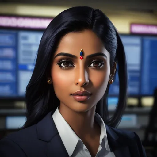 Prompt: indian news reader, dark skin news presenter, straight head, look straight inside the newsroom,tan women, LONG SHOT,High quality,photo-realistic, Head straight, looking straight,photo-realistic portrait of 23 yr Indian old female, centered in the frame, facing camera, Straight look into the camera symmetrical face, ideal human, 85mm lens,f8, photography, ultra details, natural light, light background, photo, Studio lighting, masterpiece, realistic, (23 yr Indian old female), beautiful face, wearing a formal dress, with straight shoulder-length chestnut black hair worn a ponytail, dark brown eyes, wearing a formal uniform in coat, diffused light, background green, highly detailed, character sheet, concept art, smooth, positioned so that their bodies are symmetrical and balanced directly towards the viewer, amazing Incredibly beautiful 20-something girl, detailed hairstyles, news reader, Anchor, Indian news reader, photorealistic, Straight look into the camera 