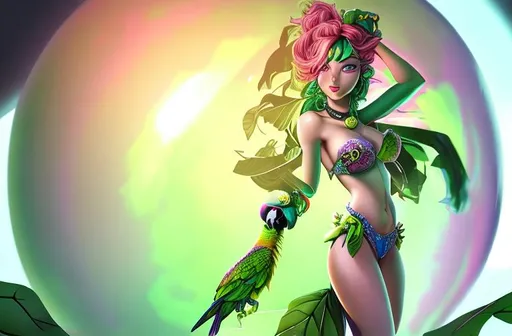 Prompt: A female green anthro parrot lady in a green bikini sitting on a huge colorful beach ball.