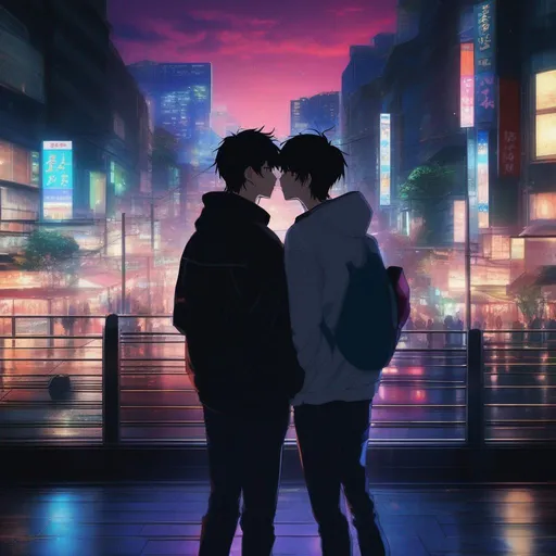 Prompt: Two young men kissing, in the middle of tokio, night colours, anime art, rosy cheeks, UHD wallpaper, 