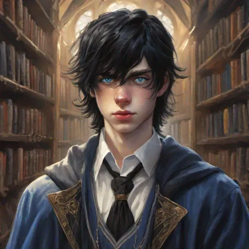 Prompt: youthful teenaged boy, pale skin, brooding, heavy bangs, long uneven black hair, partly tied back black hair, tired blue and black eyes, bookish, steampunk school uniform with cloak, photo realism, hyper realistic, beautifully detailed, epic lighting