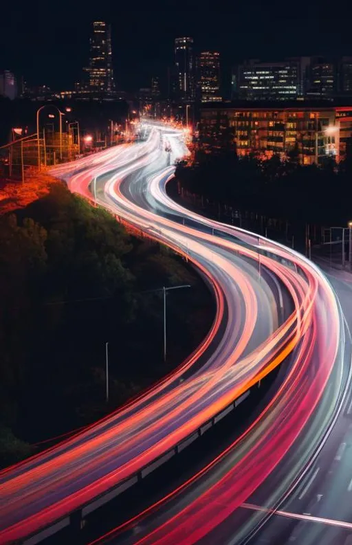 Prompt: Long-exposure night photography of traffic, with light trails

