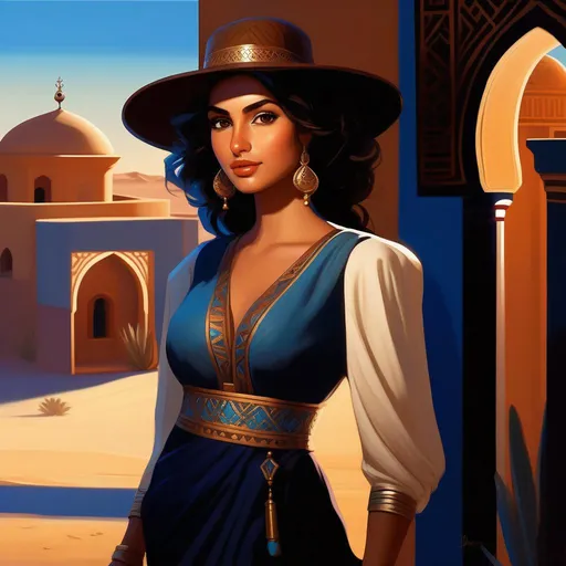 Prompt: Third person, gameplay, ancient Morrocan girl, olive skin, curly brown hair, brown eyes, blue atmosphere, desert, Casablanca at night, cartoony style, extremely detailed painting by Greg Rutkowski and by Henry Justice Ford and by Steve Henderson 