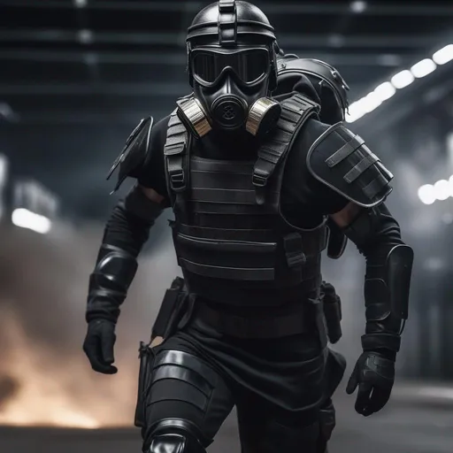 Prompt: A modern roman military male in black military roman armor, and gas mask, running, background sci fi war tanks, Hyperrealistic, sharp focus, Professional, UHD, HDR, 8K, Render, electronic, dramatic, vivid, pressure, stress, nervous vibe, loud, tension, traumatic, dark, cataclysmic, violent, fighting, Epic