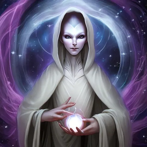Prompt: etherial, benevolent androgynous ALIEN goddess, pale skin, soft expression, holding an orb, wearing cloak, surrounded by stars