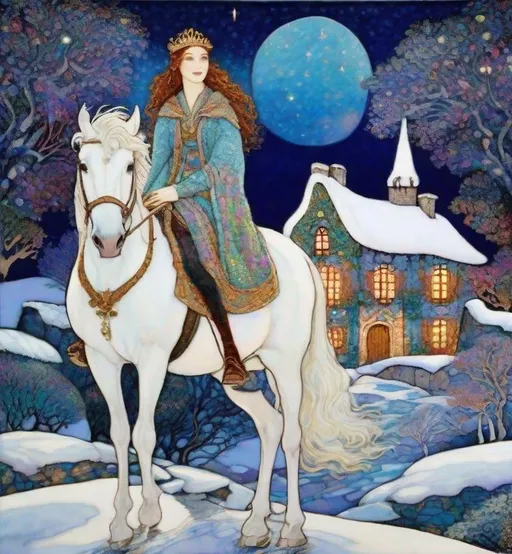 Prompt: Inlay Aubusson tapestry: a winter enchanted beautiful princess and her white horse, a whimsical village landscape background under a beautiful twilight night sky art by Jane Small, Edmund Dulac, Iris Scott, John Lowrie Morrison, Regina Valluzzi, Thomas Edwin Mostyn, Barbara Takenaga, John Piper, Abanindranath Tagore, John Bauer. 3/4 portrait, beautiful pastel aquarelle colours, crispy quality, cinematic smooth, polished finish, high quality, very clear resolution, blue, gold and rose tones, metallic glow