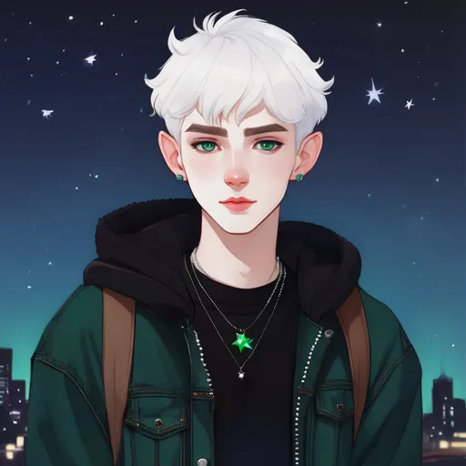 Prompt: A 19 year old boy with elf ears, pale skin, fluffy short white hair, dark blue eyes, star and moon earrings, spandex black turtleneck, dark green denim jacket, necklace with white crystal attached, wearing black baggy jeans.