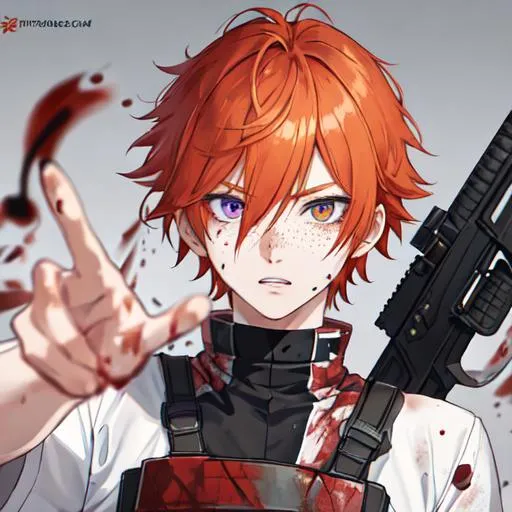 Prompt: Erikku male adult (short ginger hair, freckles, right eye blue left eye purple)  Highly detailed, insane detail, anime style, covered in blood, psychotic, pointing a shotgun straight at the camera, blood everywhere