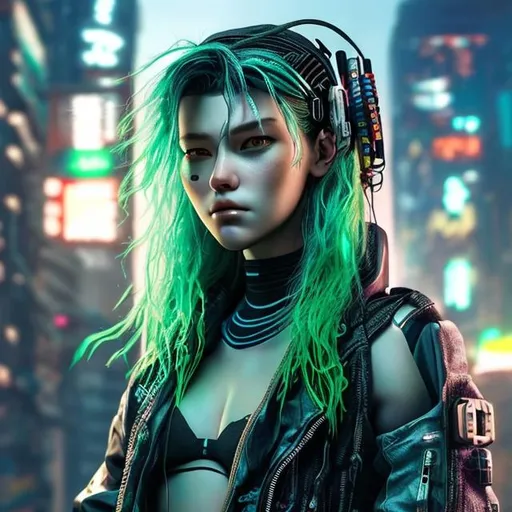 Prompt: hyper realistic extremely detailed cyberpunk guitarist woman.
She has green hair