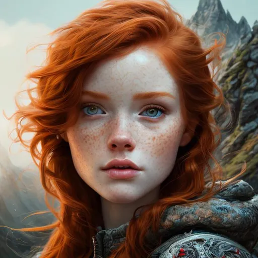 Prompt: Portrait of female with red hair and with cute face, mountain top, perfect composition, hyperrealistic, super detailed, 8k, high quality, trending art, trending on artstation, sharp focus, studio photo, intricate details, highly detailed,