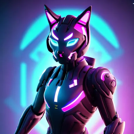 Prompt: Cyber, cat, cute, robot, likable, interesting, calm, center, neon, realistic, laser, symmetrical, purple, full body, humanized, Fortnite, blank background, lynx, tiger