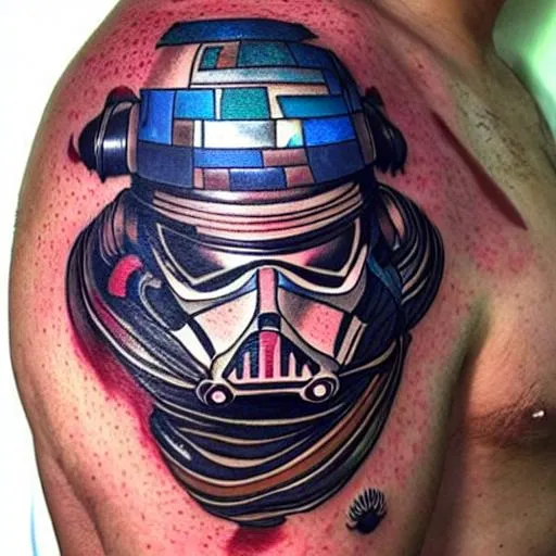 Prompt: Scott Chapman-styled tattoo star wars samurai mashup insanely detailed, beautiful colors, lasers, bloody bodies

