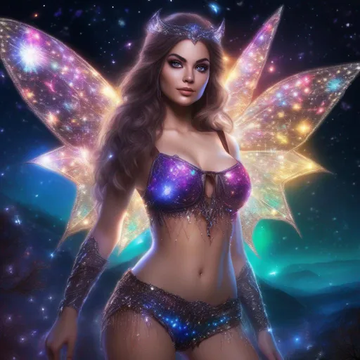 Prompt: A whole detailed body view of a stunningly beautiful, hyper realistic, buxom woman with incredible bright eyes wearing a sparkly, glowing, skimpy, sheer, fairy, witches outfit on a breathtaking night with stars and colors with glowing, detailed sprites flying about