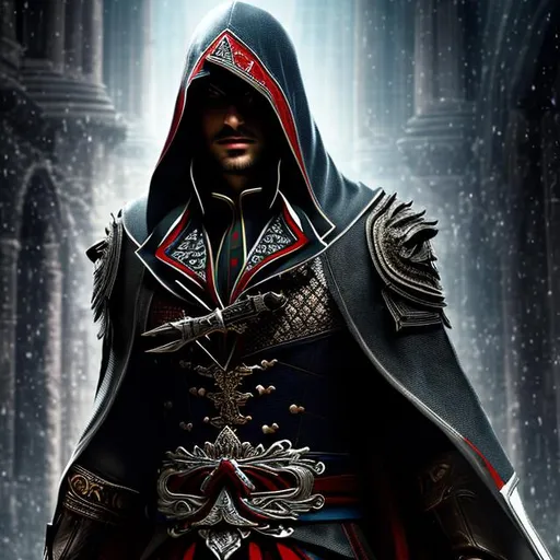 Prompt: a fullbody portrait of 1man wearing assassins creed hood and vampire fashion, anthropomorphic, intricate detail, high quality, high quality, digital art, [{human anatomy}]