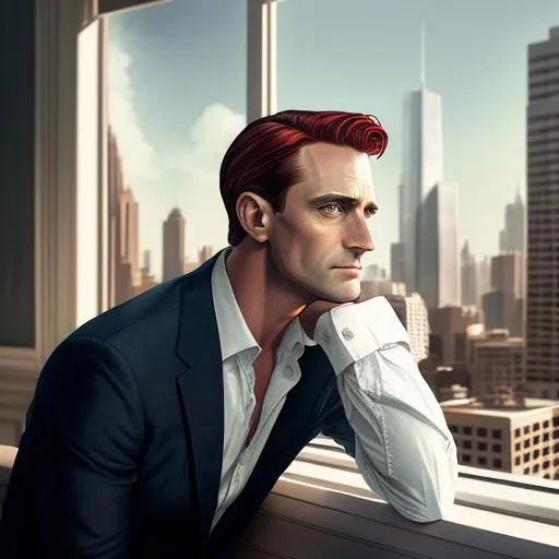 Prompt: Portrait of John Hamm as Howard Roark from the Fountainhead by Ayn Rand, with reddish hair and with stoic face, sits on a window side, holds a cigarette, city background, perfect composition, hyperrealistic, super detailed, 8k, high quality, trending art, trending on artstation, sharp focus, studio photo, intricate details, highly detailed, by greg rutkowski, The Fountainhead