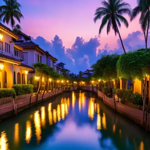 Prompt: masterpiece, best quality. two-story apartment building, neighborhood by a canal, Intricate details, Shimmering light reflections. palm trees, rice fields, hibiscus, plumeria, white roses,
