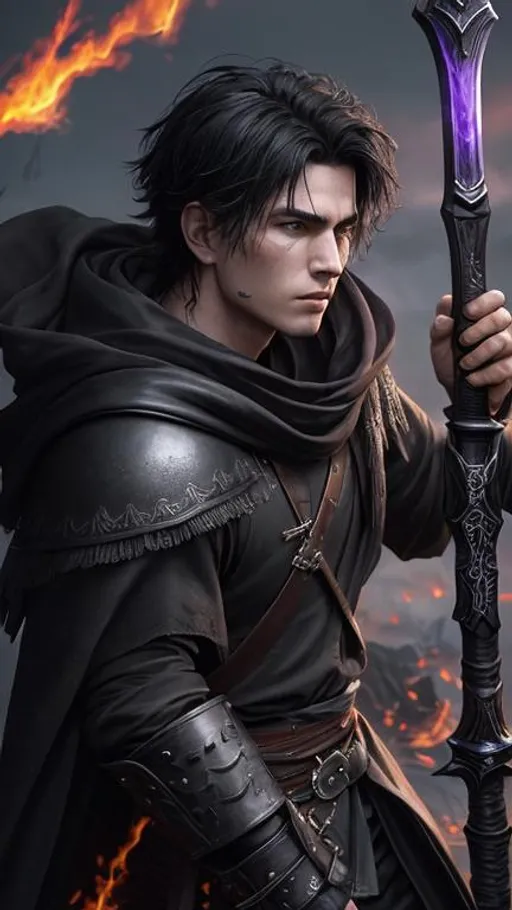 Prompt: A battered and raged Caucasian male with short black hair, a black cloak with leather armor, baggy pants and a spear surrounded with floating purple fire. He has an emotionless face. He is leaning on his spear in the middle of a burning village as ash and glowing crimson sparks fall gently from the grey sky. behance HD,