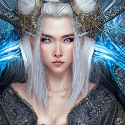 Prompt: White-haired beautiful samurai with a katana emanating a blue aura, fantasy, highly detailed white sparkling glowing eyes, intricate, wearing martial artist related clothing, highly-detailed, large landscape, mechanics, dramatic lighting, gorgeous face, lifelike, stunning, anime woman face, long luxurious white hair, digital painting, large, artstation, illustration, concept art, smooth, sharp focus, highly detailed painting, looking at viewer, portrait, photography, detailed skin, realistic, photo-realistic, 8k, highly detailed, full length frame, High detail, full body art