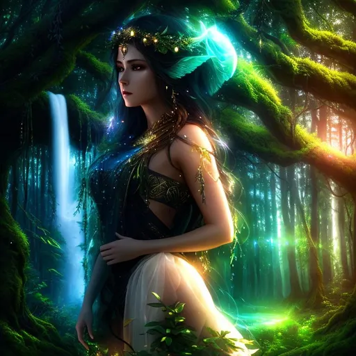 Prompt: 3D HD dramatic cinematic lighting [({one}{(Beautiful benevolent {goddess}female liquid}, expansive magical forest background, hyper realistic, 8K --s98500