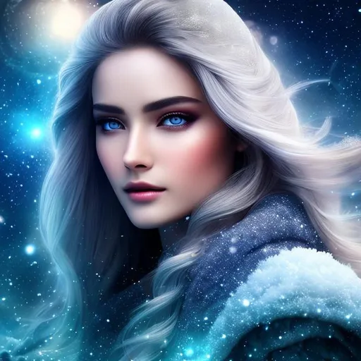 Prompt: create photograph of beautiful fictional winter female goddes princes with most beautiful eyes, extremely detailed face, space and planets an nebulae in sky highly detailed, extremely detailed environment, extremely detailed background, intricate, extremely detailed skin, natural colors , professionally color graded, photorealism, 8k, realistic, moody lighting, ambience lighting