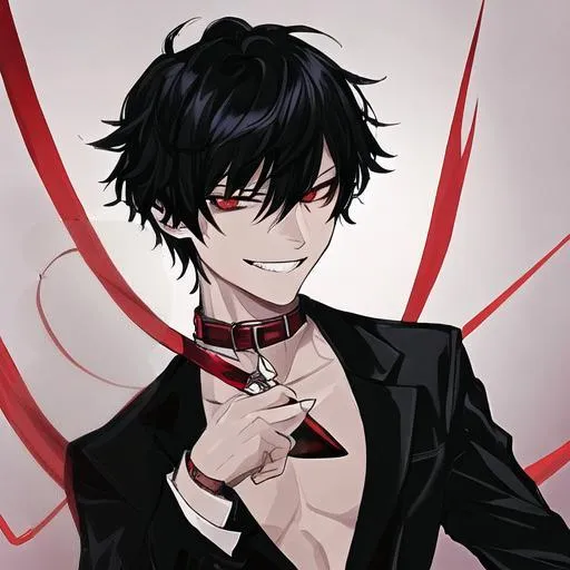 Prompt: Damien  (male, short black hair, red eyes) wearing a collar and holding a leash pulling on it. grinning seductively, knife in his hand 