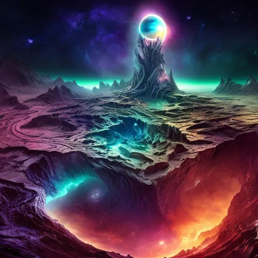 Prompt: themed as [cosmic horror], background of a [galaxy], landscape is fractured, centerpiece is a [grotesque planet monstrosity], small people reaching out to the sky