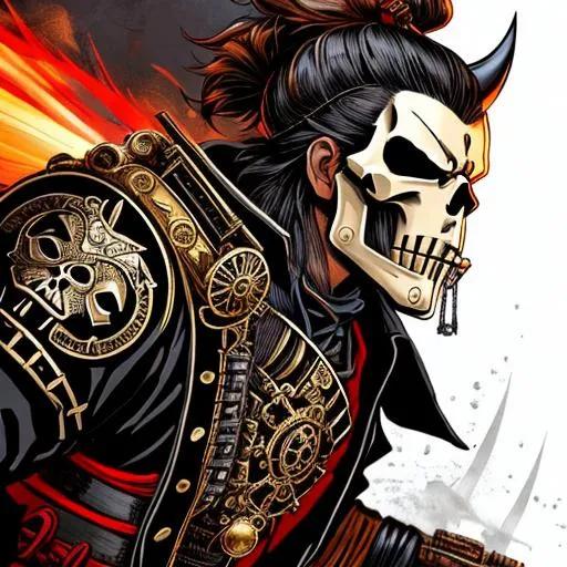 Prompt: Steampunk , Punisher as Samurai , highly detailed , skull crest , dynamic , concept art , lots of  dim colours , sharp focus , full body, cyborg army , city background , symmetrical , infographic.