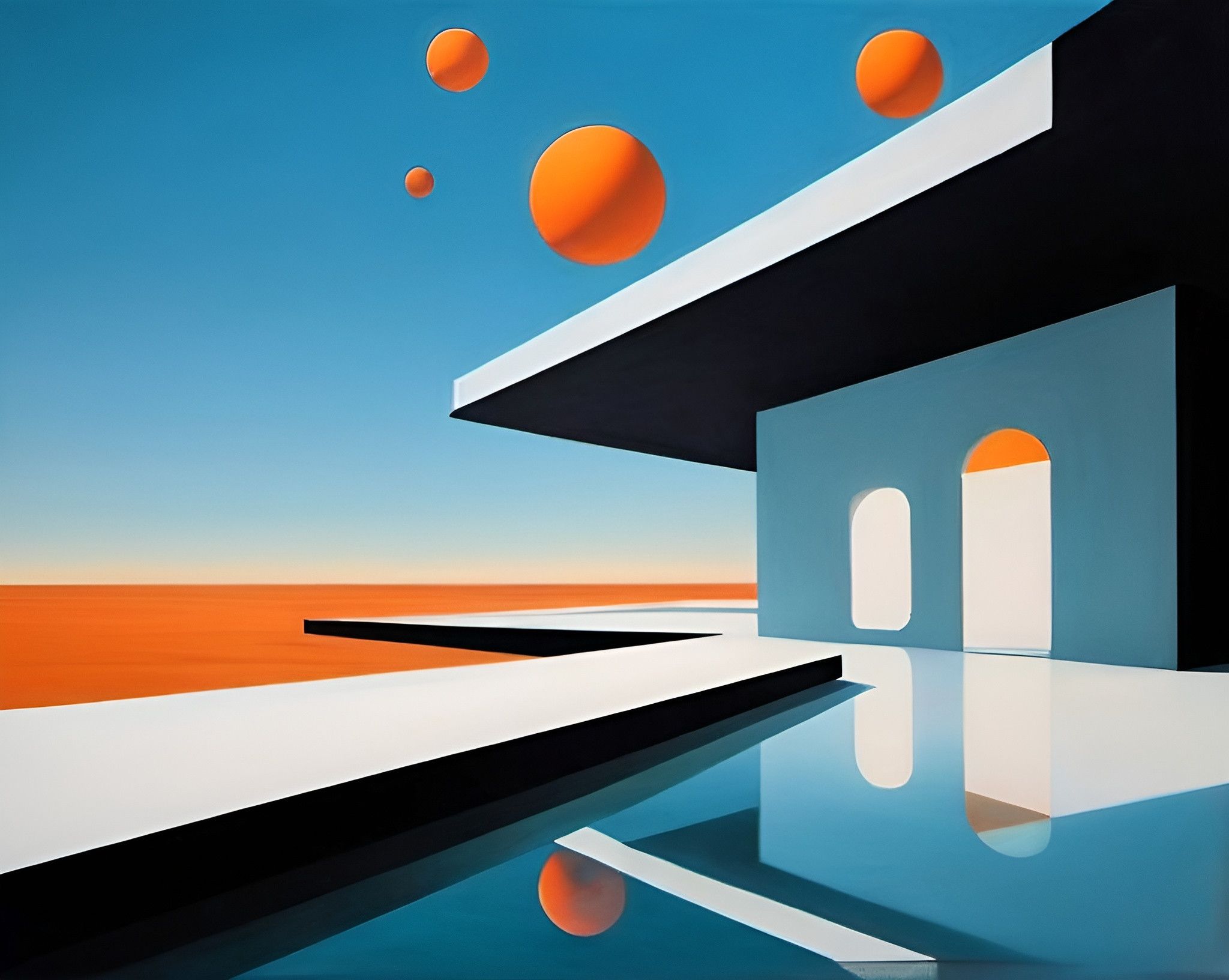 Prompt: a painting of a building with oranges flying over it and a body of water below it with a blue sky, retrofuturism, orange, an ultrafine detailed painting