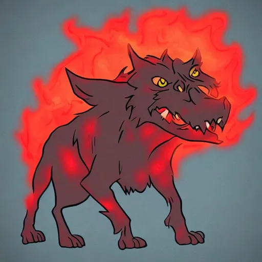 Prompt: cartoonist style hellhound with glowing eyes in a red mist
