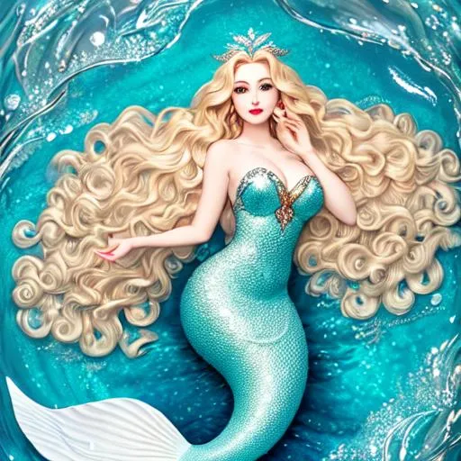 Prompt: Full-body detailed masterpiece, mermaid queen, red gloss beautiful lips, detailed wavy blond hair, oval face, mature woman, high-res, quality upscaled image, perfect composition, beautiful detailed white scale tail, beautiful teal webbed ears, beautiful teal tail fin, beautiful complex silver sea shell crown, anime style, extremely pale skin