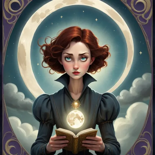 Prompt: Tarot card, storybook artstyle, human, "The illusionist", Moon