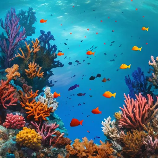 Prompt: create an image with lots of different corals in the ocean. Preferably show the corals from the little top and side, and the interface between ocean water and air.