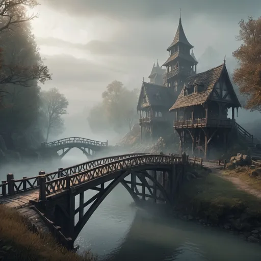 Prompt: Dramatic fantasy settlement scene, fog-covered river with a bridge, Warhammer fantasy RPG style, cinematic lighting, detailed architecture, atmospheric fog, high-quality, dramatic lighting, fantasy, medieval, intricate details, foggy atmosphere, settlement, river bridge, atmospheric lighting, cinematic, RPG style, highres, weathered textures, eerie atmosphere